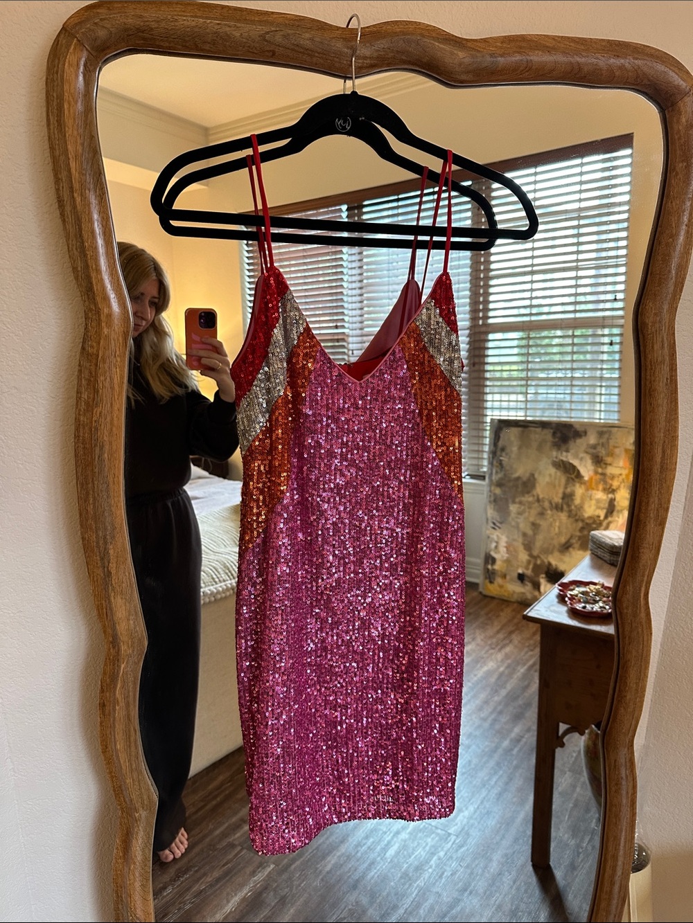 Pink Sequin Slip Dress with Colorblock Accents